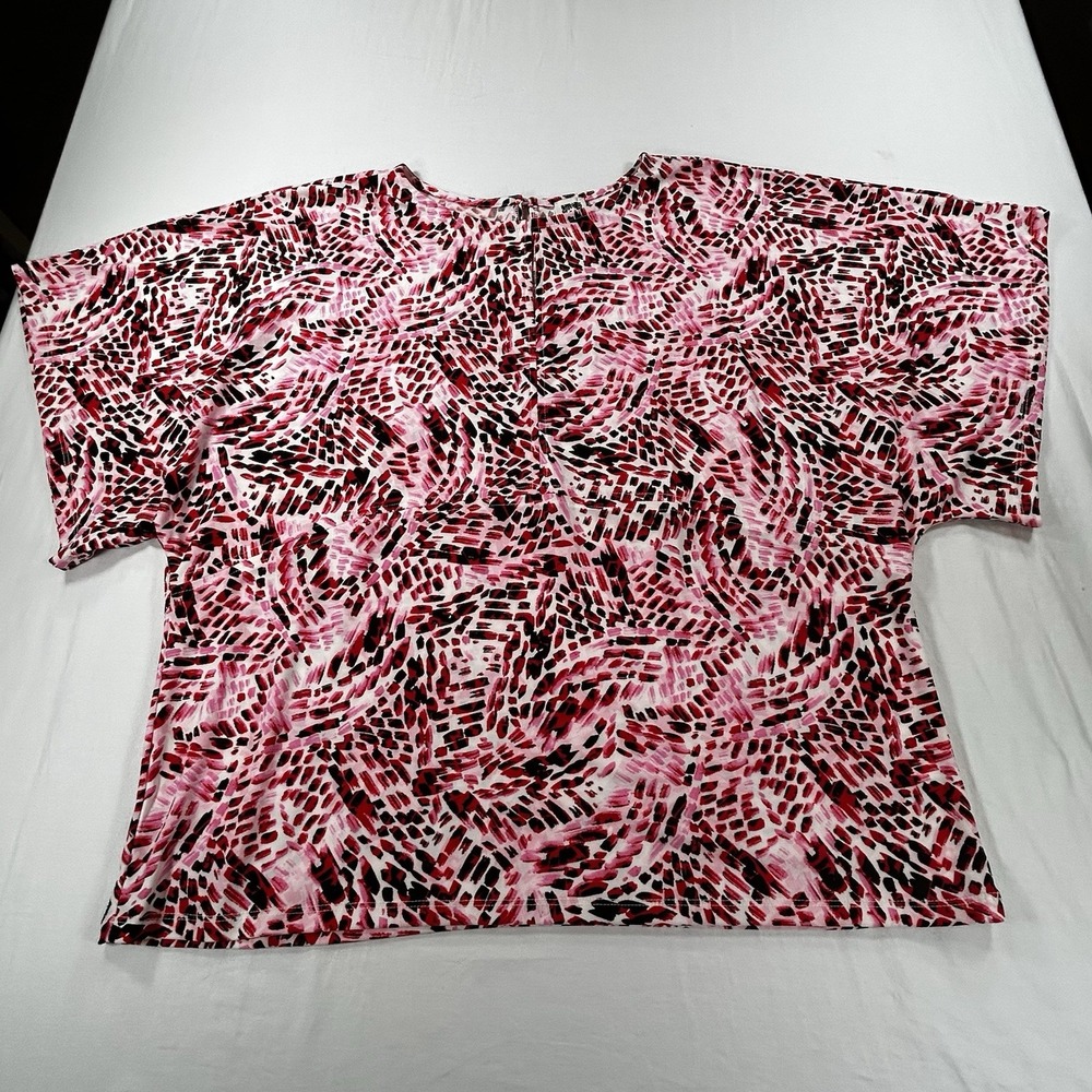Anne Klein Women XL Pink Red Geometric Short Sleeve Stretch Blouse Top
